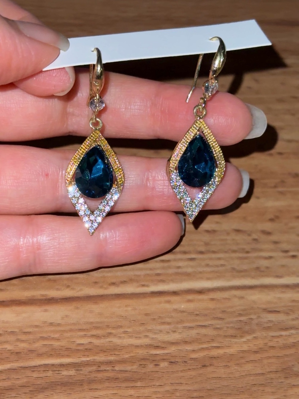 Gold-Tone Dark Blue Teardrop Rhinestone Dangle Earrings- women’s jewelry